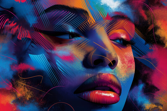 Abstract vector portrait blending geometric shapes woman profile in a vibrant, modernist design Modern vector art of a woman face with abstract shapes featuring contemporary color block technique