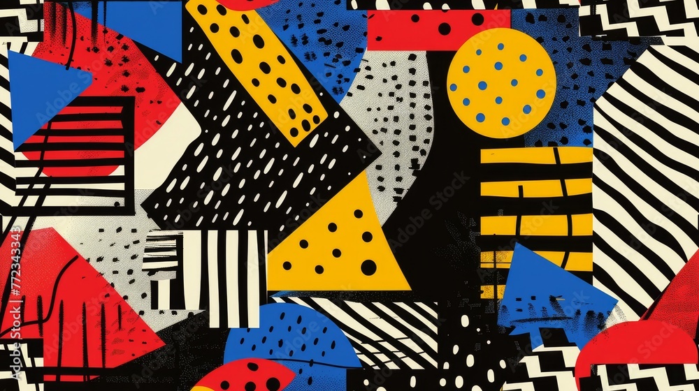 Poster An abstract work of art with a geometric composition rich in red, yellow and blue, colliding to create a strong visual appeal.