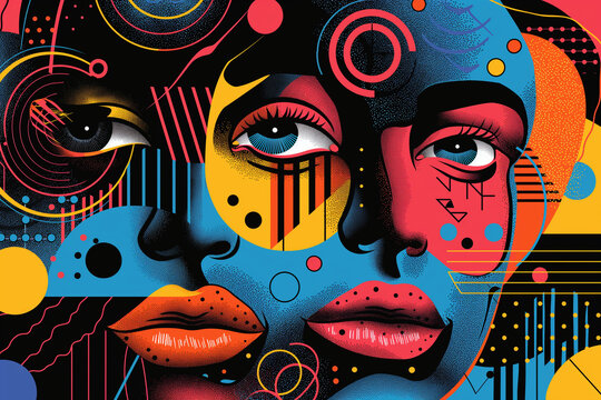 Abstract vector portrait blending geometric shapes woman profile in a vibrant, modernist design Modern vector art of a woman face with abstract shapes featuring contemporary color block technique