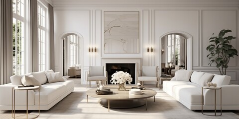 Effortless style and refined simplicity define a Transitional interior, where a predominant white palette exudes a sense of contemporary serenity. - obrazy, fototapety, plakaty