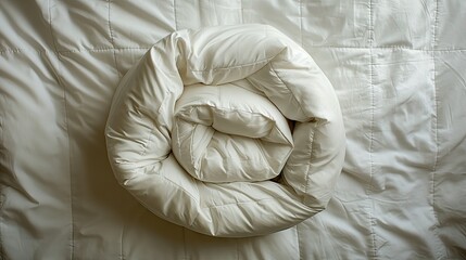White comforter rolled on bed like sleeve of woolen art, wrinkles