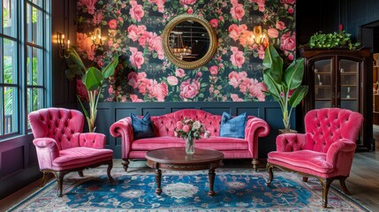 A sophisticated interior scene with plush pink velvet armchairs and lush floral wallpaper creating an atmosphere of luxury and comfort.