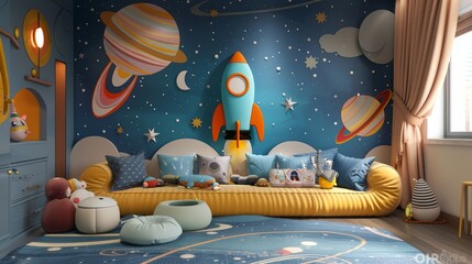 Space-themed wall decor for children's rooms featuring a cartoon rocket, planets, and vibrant mural artwork. AI technology used in the design process.