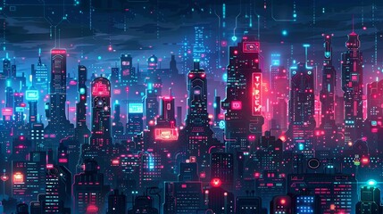 A bustling cyberpunk cityscape alive with neon lights, digital billboards, and towering skyscrapers, capturing a vibrant futuristic metropolis.