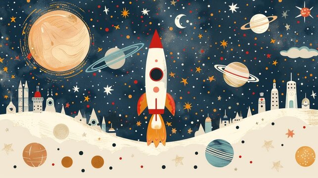 Fototapeta Space-themed wall decor for children's rooms featuring a cartoon rocket, planets, and vibrant mural artwork. AI technology used in the design process.
