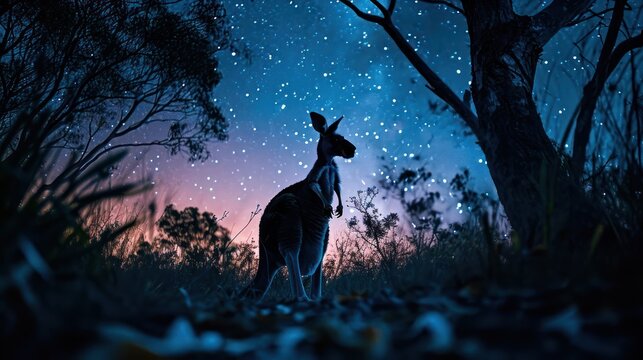 vigilant kangaroo silhouetted against the night sky, portraying the resilience and adaptability of wildlife in different habitats