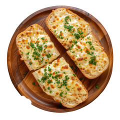 Cheesy garlic bread sprinkled with parsley on a rustic wooden plate on a transparent background