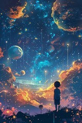 Fototapeta na wymiar A stunning depiction of a serene landscape with a child and some shimmering celestial bodies in the dark sky, portraying themes of imagination and aspiration, created using Artificial Intelligence.