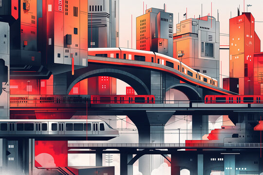 Vector Illustration Of A Cityscape With A Modern Train In Vibrant Sunset Hues, Reflecting An Urban Transit Scene Dynamic Urban Train Vector Against A Backdrop Of Skyscrapers In Warm Evening Color