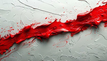 Red paint splash on white background top view. Red paint explosion all over white background flat lay. Red color splatter