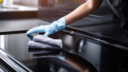Close-up of persons hand in protective gloves cleaning kitchen appliance with rag. Modern cookstove with display. Handyman and cleaner service concept