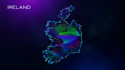 Obraz premium Futuristic Ireland Map Polygonal Blue Purple Colorful Connected Lines And Dots Network Wireframe With Text On Hazy Flare Bokeh Background