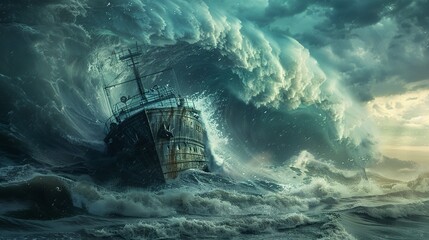 A ship facing a tsunami head on - obrazy, fototapety, plakaty