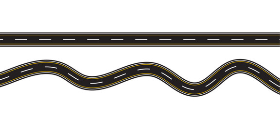 Straight and winding road road. Seamless asphalt roads template. Highway or roadway background. Vector illustration. Seamless highway marking Isolated on background.