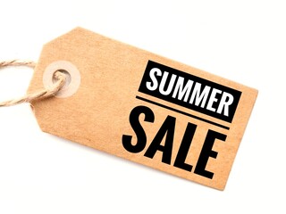 Summer sale concept. Brown price tag with text on a White background