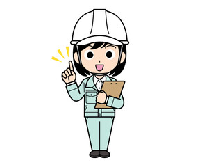 バインダーを持って指さしする現場監督の女性