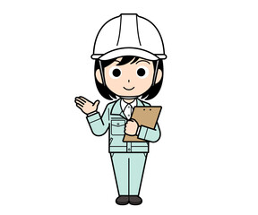 バインダーを持って案内する現場監督の女性