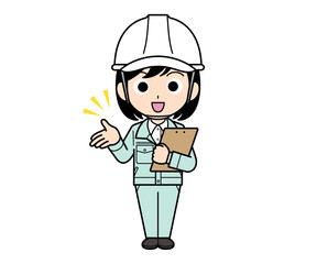 バインダーを持って説明する現場監督の女性