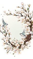watercolor illustration of blooming spring tree branch with birds