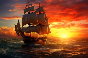 Picturesque Ship sails ocean sunset. Nature sun sky travel nature. Generate Ai - obrazy, fototapety, plakaty