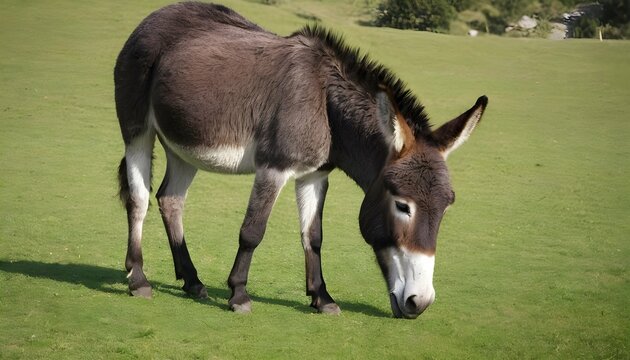 A Donkey With Its Head Bowed Grazing On Grass A  2