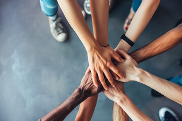 Top view of diverse hands united over a concrete background, symbolizing teamwork and unity.