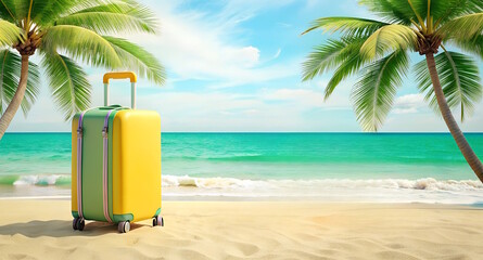 modern suitcase with wheels standing on the calm sea on the sand.  Travel concept,  flight, summer vacation,  banner
