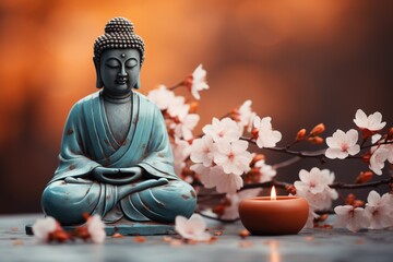 Buddha statue with flowering tree branch candles in natural background
