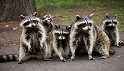 a raccoon with a group of other raccoons socializ upscaled 8 - obrazy, fototapety, plakaty