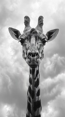 Giraffe neck elongated greets the sky with a gaze full of gentle inquiry
