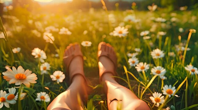 beautiful woman's feet with grass and sun background