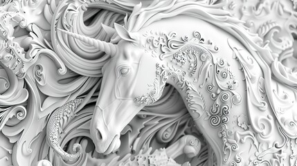 A white monotone fractal pattern incorporating the iconic essence of a unicorn