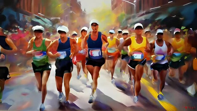 Digital illustration videos of people run a marathon. Suitable for Boston Marathon videos etc.