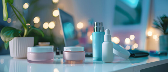 Illustration of blue light protection skincare, with digital devices blurred in the background - obrazy, fototapety, plakaty