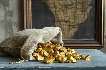 Overturned sack of gold on the table, the discovery and increasing demand for gold, one of the world's most traded commodities and is vital to the economy