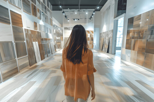 A woman in store hallway with wooden flooring,selects the material and coating for repair and design