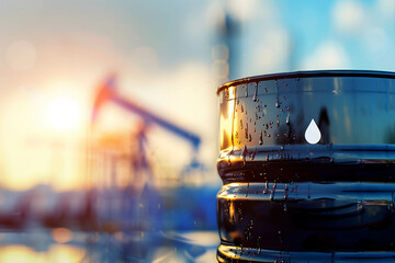 Black barrel of oil with oil drop icon, blurred oil industry background, demand and supply in oil market - obrazy, fototapety, plakaty