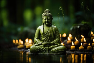 Buddha statue with candles in natural background