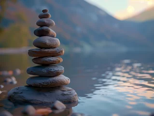 Rolgordijnen zen stones on the beaches, stone pyramid by the lake, meditation. © Anastasia