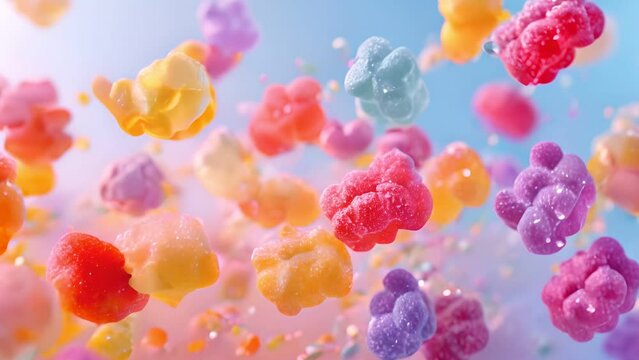 Gummy candies and Jello shots tumbling in a dreamy haze.