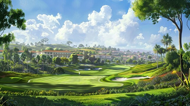 A picturesque view of a luxurious golf course with pristine greens, vibrant flowerbeds, and a backdrop of elegant resort buildings. Luxurious Golf Resort with Lush Greenery

