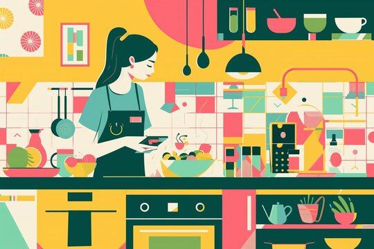 Woman food blogger cooking at the kitchen, funky artsy colorful vibrant stylish cartoon illustration