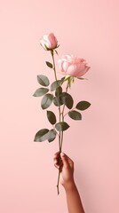 Fresh pink rose flowers in woman hands on pink background