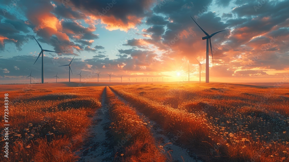 Poster an evening view of a windmill in the middle of a field, with an electric generator set against a clo