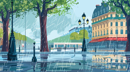 Square in Paris under the rain  vector illustration - obrazy, fototapety, plakaty