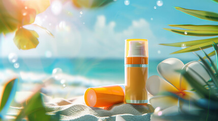 Realistic illustration of SPF lip balm for protection, with a sunny beach blurred - obrazy, fototapety, plakaty