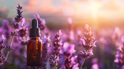 Realistic lavender essential oil drops for skin calming, with a tranquil field blurred - obrazy, fototapety, plakaty