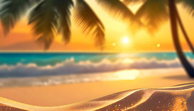 Golden background with palm tree beach bokeh background, Summer vacation on digital art.