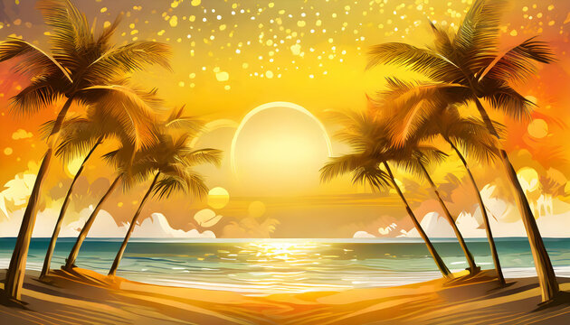 Golden background with palm tree beach bokeh background, Summer vacation on digital art.