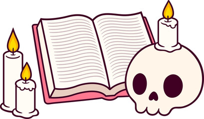 Cartoon book, candles and human skull. Simple hand drawn doodle, clip art illustration.